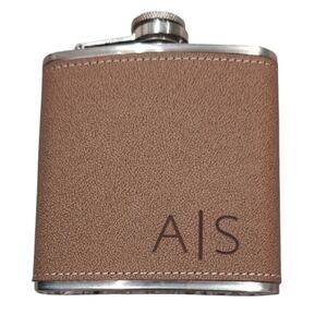 Stainless Steel Hip Flask 6oz Faux Leather Light Brown Wrap Monogram “AS”
